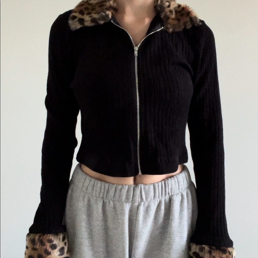 Motel Rocks Leopard Fur Trimmed Ribbed Zip Up Cardigan Sweater
